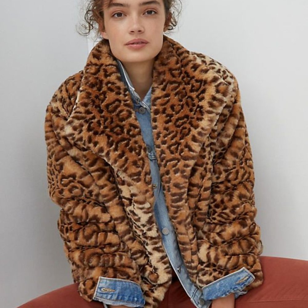 New Anthropologie Women's Leopard Faux Fur Jacket Neutral Motif SP